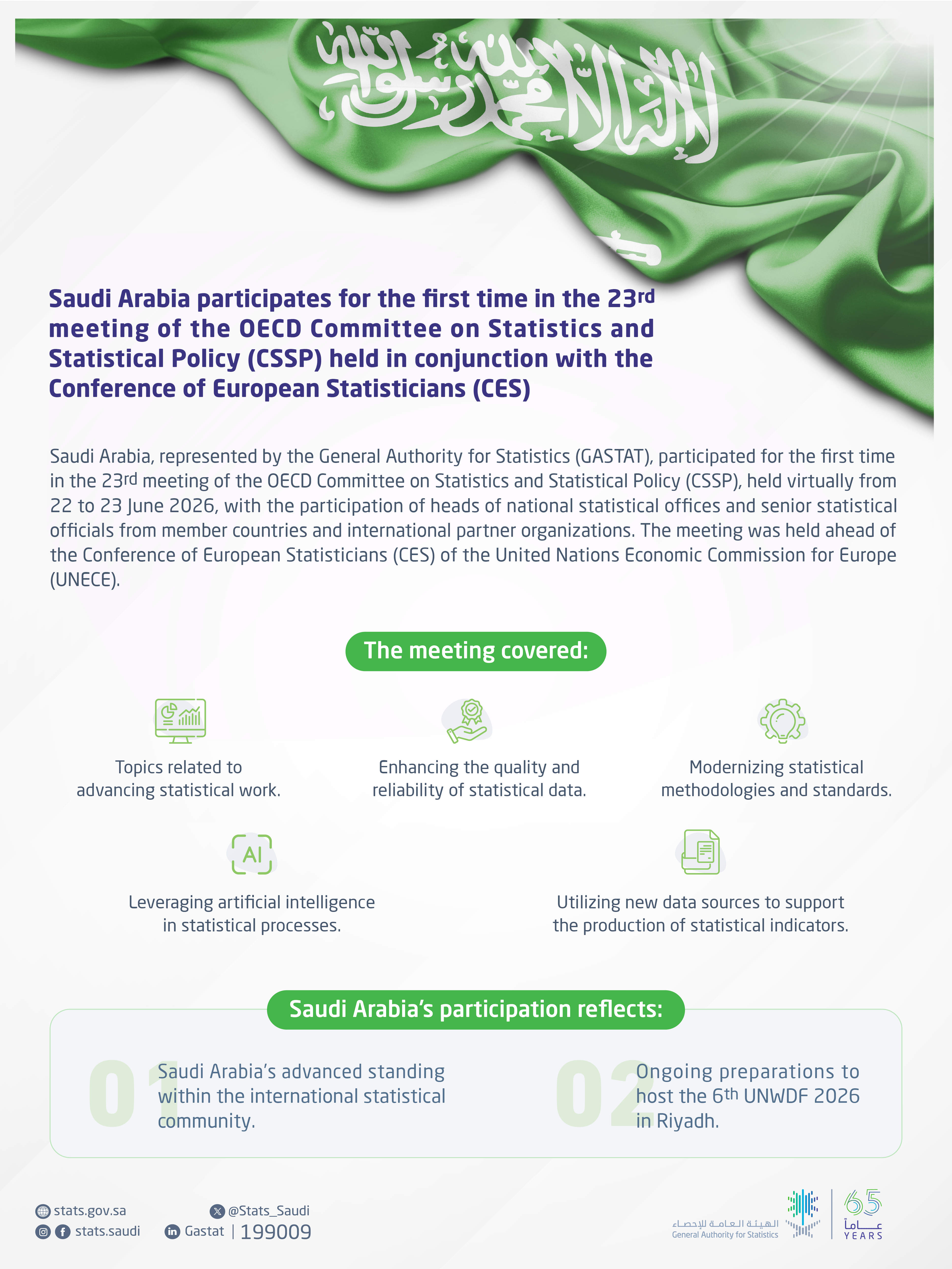 Saudi Arabia participates for the first time in the 23rd meeting of the OECD Committee on Statistics and Statistical Policy (CSSP) held in conjunction with the Conference of European Statisticians (CES)