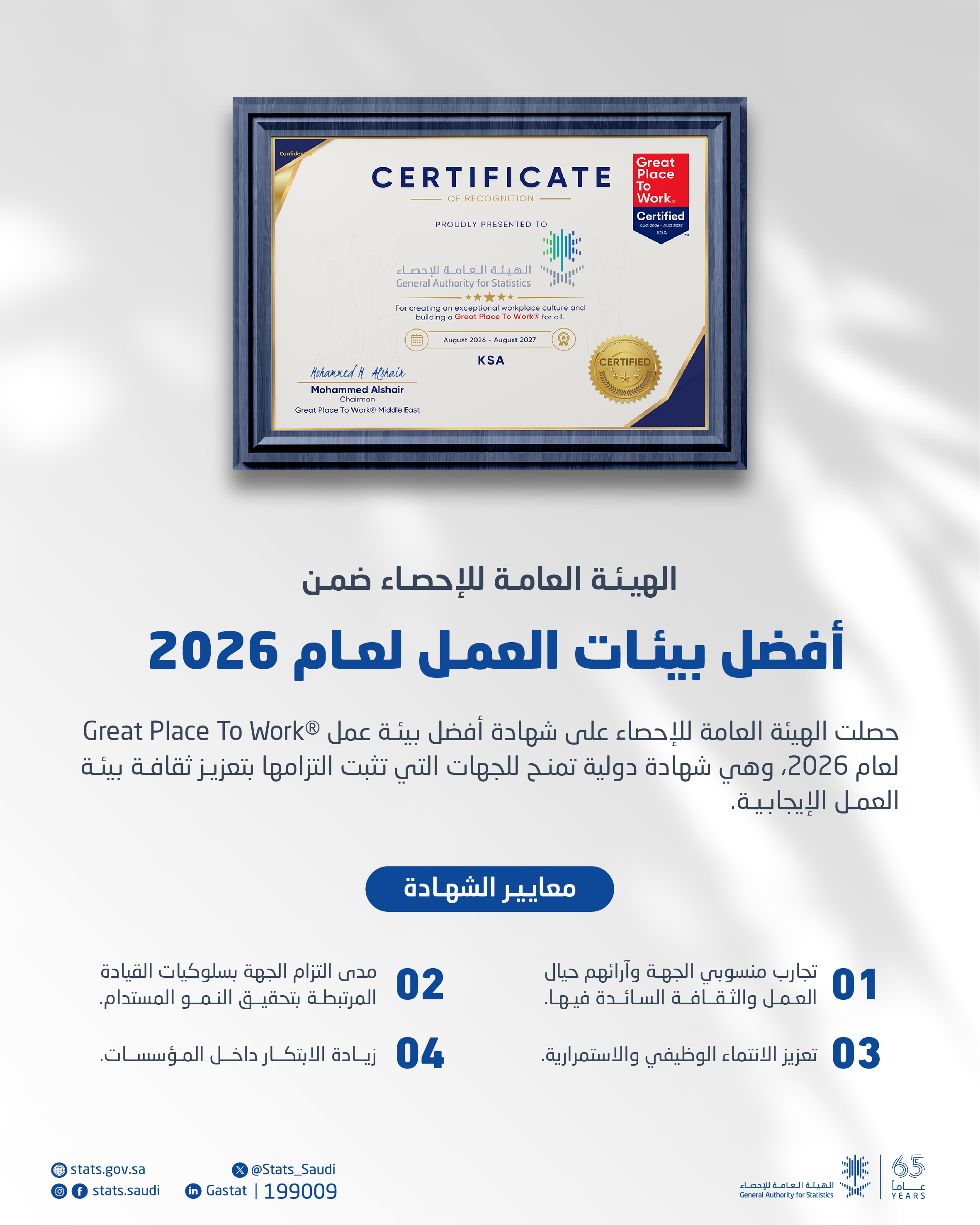 الهيئة العامة للإحصاء ضمن أفضل بيئات العمل لعام 2026