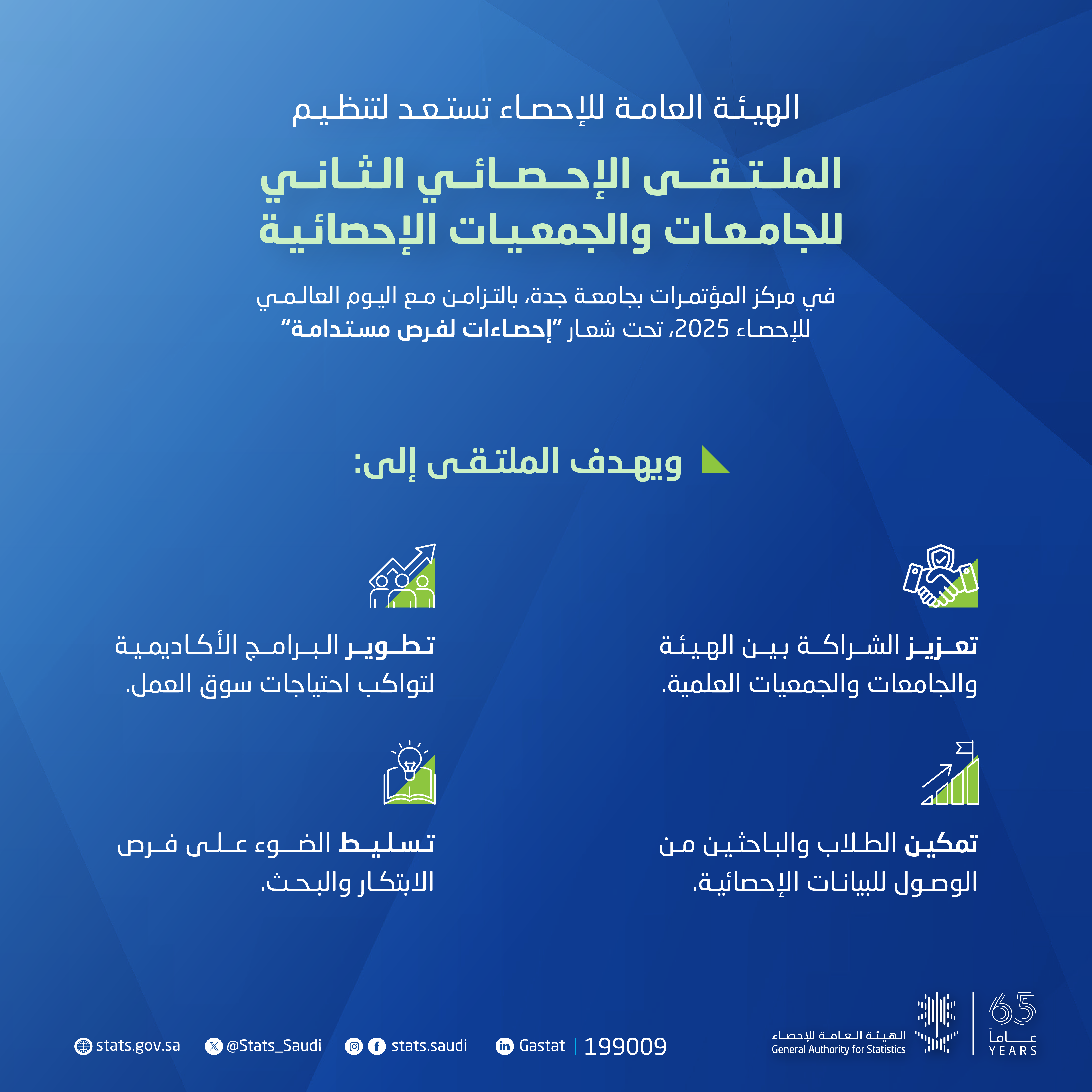 الهيئة العامة للإحصاء   تنظم الملتقى الإحصائي الثاني للجامعات والجمعيات الإحصائية بجامعة جدة