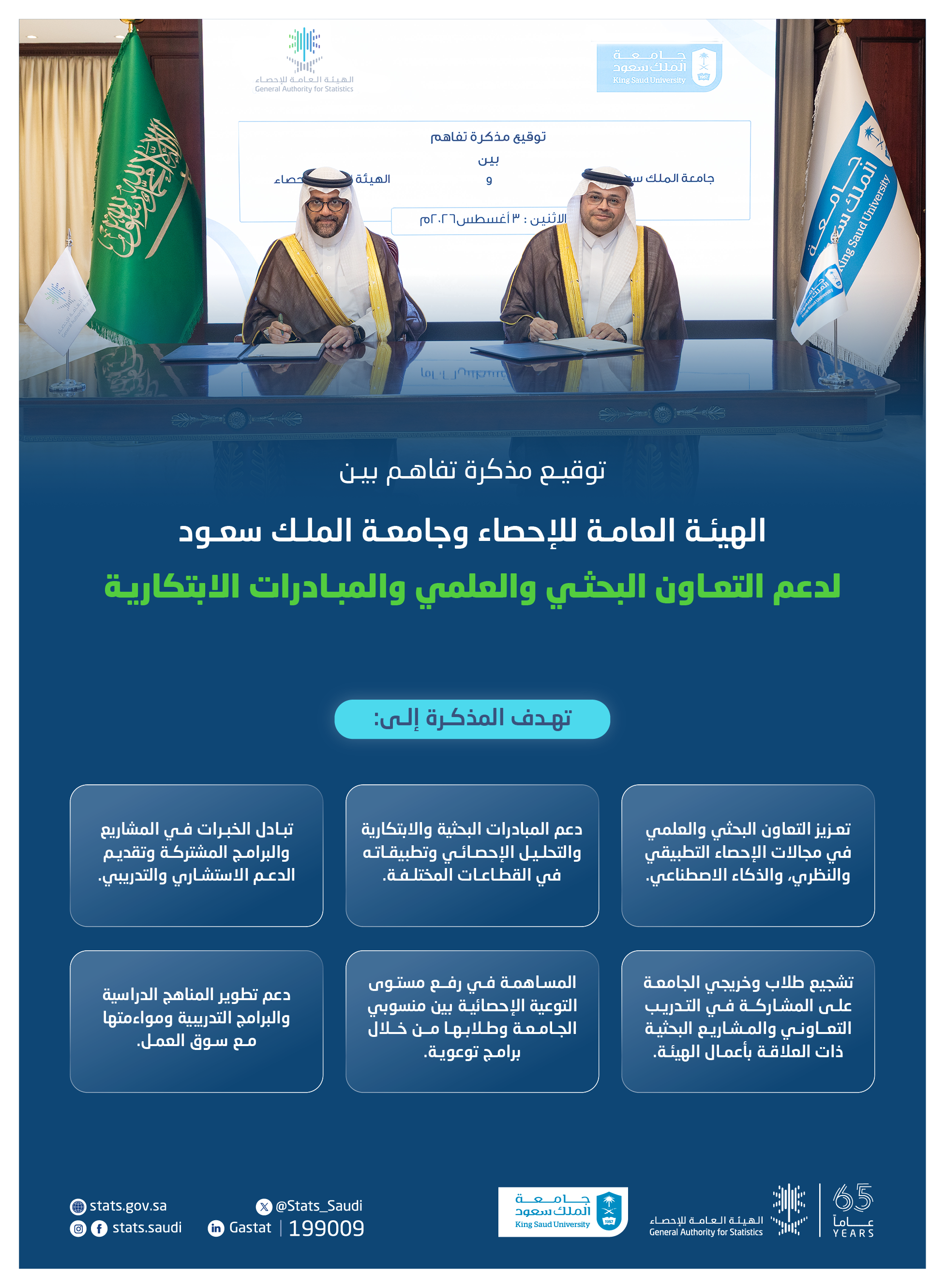 الهيئة العامة للإحصاء توقع مذكرة تفاهم مع جامعة الملك سعود لدعم التعاون البحثي والعلمي والمبادرات الابتكارية
