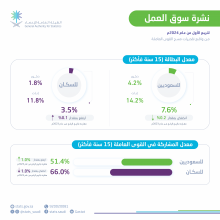 الهيئة العامة للإحصاء: معدل البطالة لإجمالي سكان المملكة يستقر نسبياً عند 3.5% في الربع الأول 2024